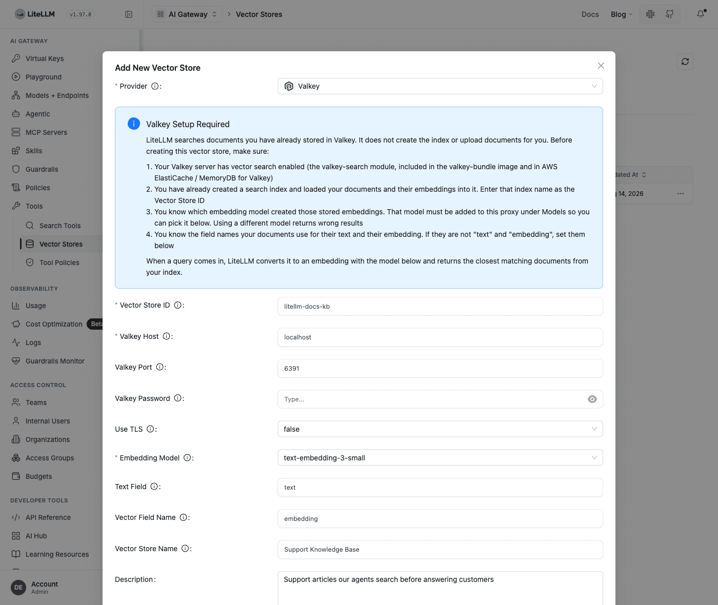 Add New Vector Store modal with the Valkey provider selected and every field filled in