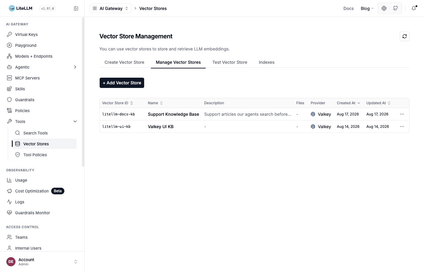 Manage Vector Stores table listing the new Valkey store