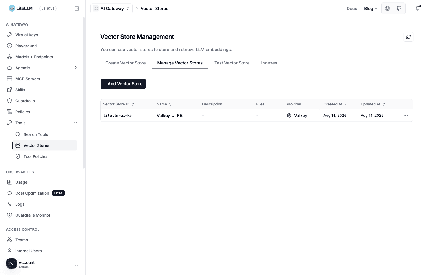 Manage Vector Stores tab with the Add Vector Store button