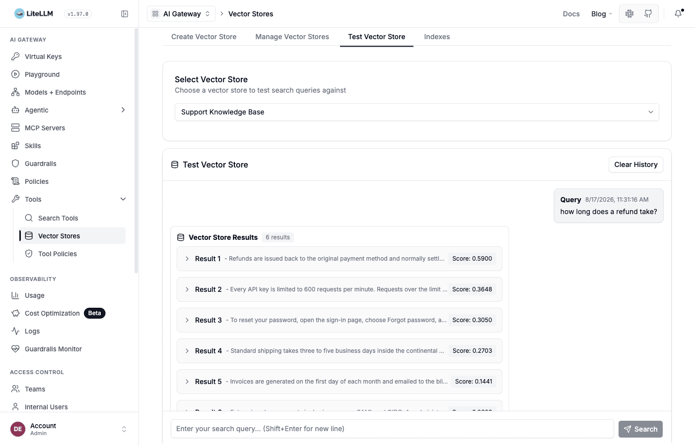 Test Vector Store tab showing six ranked results for a support question
